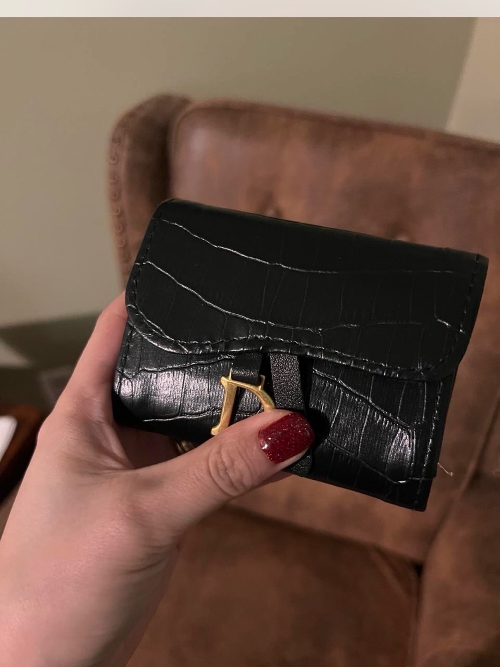 Croc-Embossed Black Compact Wallet with Gold Buckle